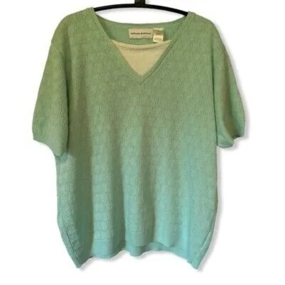 Alfred Dunner Womens Pullover Sweater Green Textured Short Sleeve V Neck M